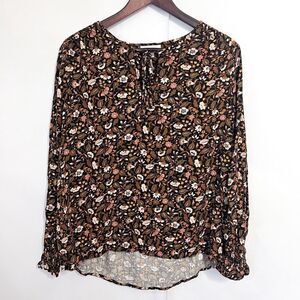 Knox Rose Women's Top Peasant Blouse Size L Floral Earth Tone Rayon Brown